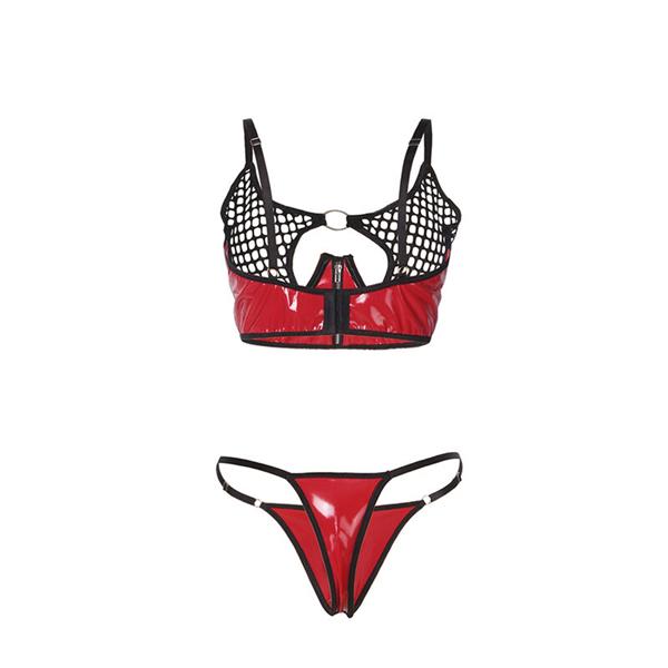 955540 RED PATENT LEATHER MESH ZIPPER BRA SET L/XL