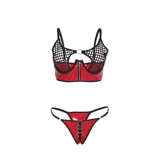 955540 RED PATENT LEATHER MESH ZIPPER BRA SET L/XL