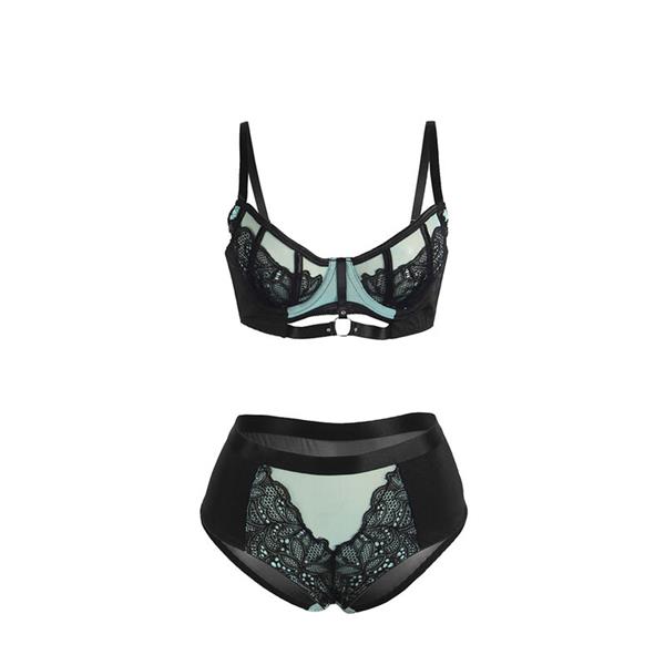955557 GREEN PATENT LEATHER MESH ZIPPER BRA SET S/M