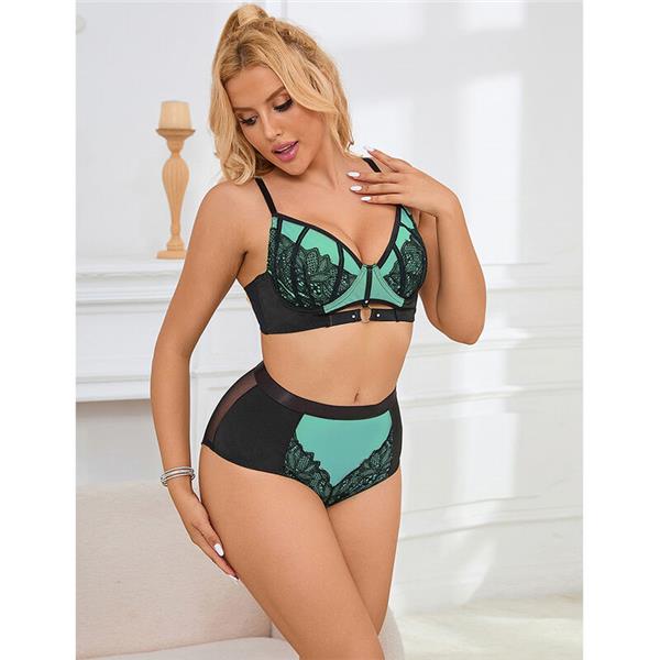 955557 GREEN PATENT LEATHER MESH ZIPPER BRA SET S/M
