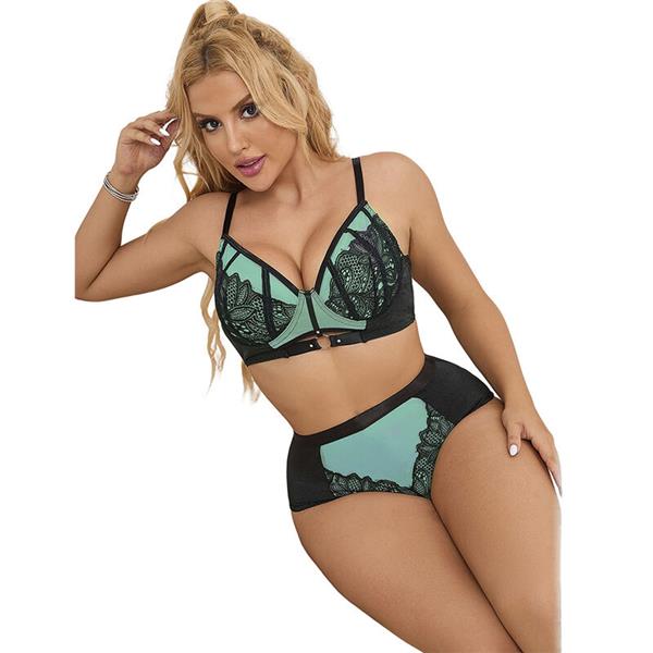 955557 GREEN PATENT LEATHER MESH ZIPPER BRA SET S/M