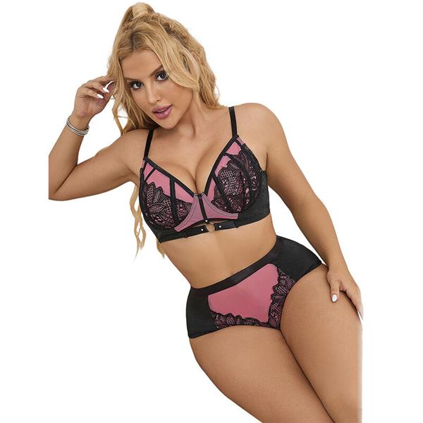 955571 PINK PATENT LEATHER MESH ZIPPER BRA SET S/M
