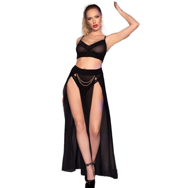 CR 4672 BLACK TOP SKIRT AND THONG WITH GOLDEN CHAINS S