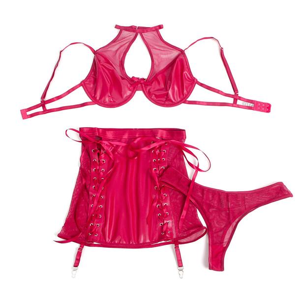 957605 LEATHER BRA AND SKIRT SET RED S/M