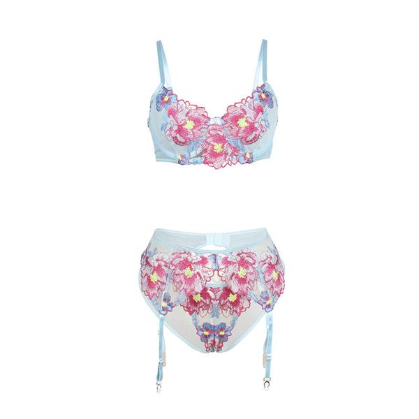 957643 FLOWER EMBROIDERED BRA AND GARTER BELT SET PINK S/M