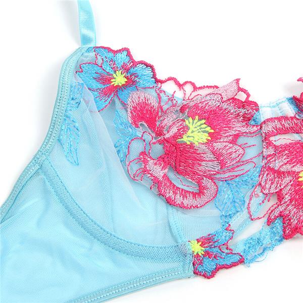 957643 FLOWER EMBROIDERED BRA AND GARTER BELT SET PINK S/M