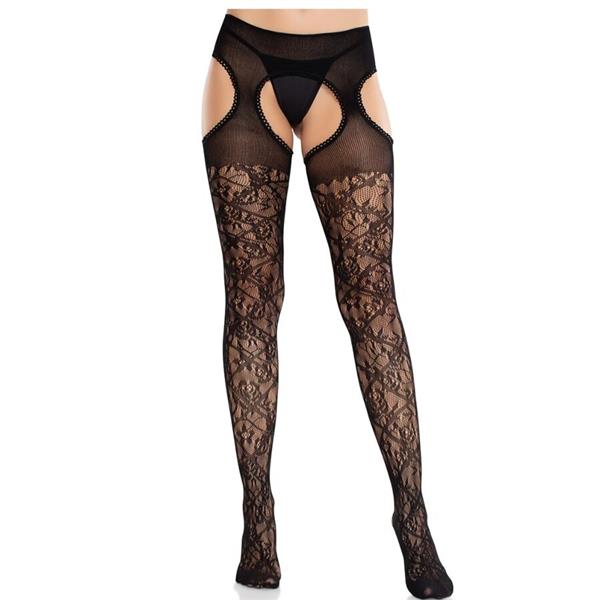 FLORAL LACE STOCKINGS WITH GARTERS UNITED BLACK