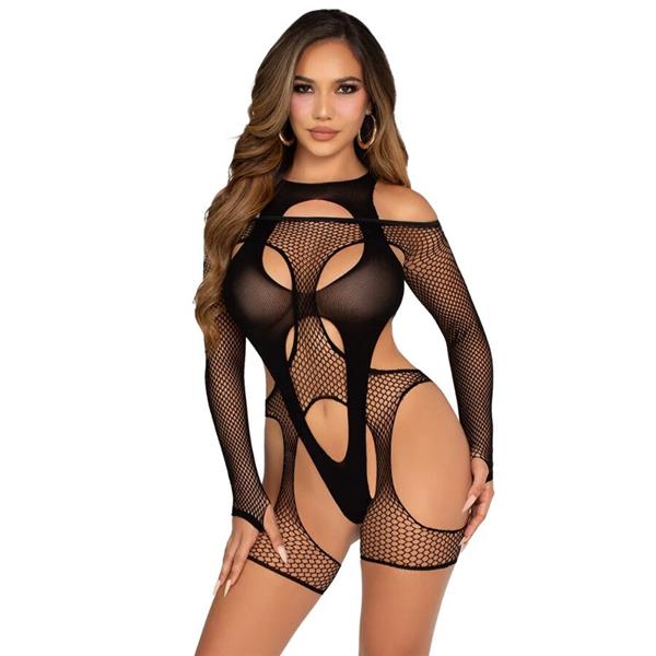 FISHNET BODYSTOCKING WITH GARTER BELT AND HARNESS BLACK