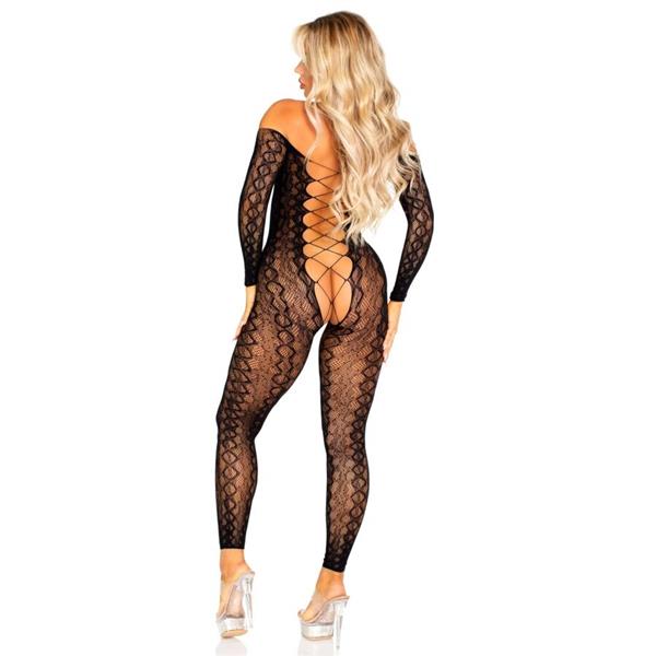 CROTCHLESS BODYSTOCKING IN EXOTIC SNAKE LACE BLACK