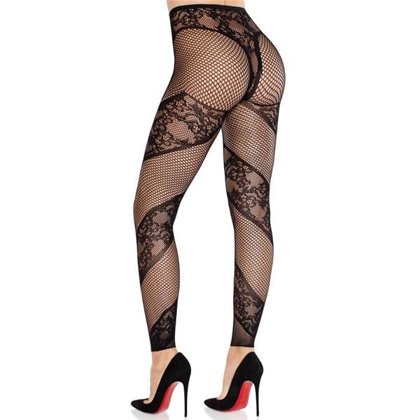 LACE AND SHEER FOOTLESS TIGHTS BLACK