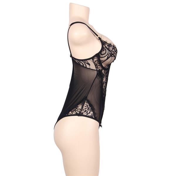 QUEEN PLUS FLORAL LACE AND FRINGED BLACK TEDDY