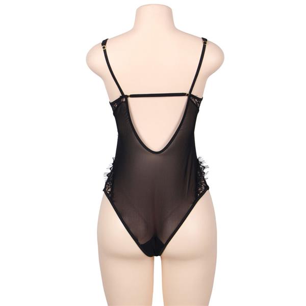 QUEEN PLUS FLORAL LACE AND FRINGED BLACK TEDDY