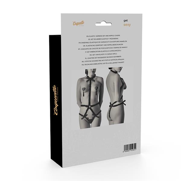 ELASTIC HARNESS SET AND NIPPLE COVERS BLACK