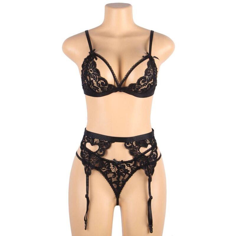 SET THREE PIECES SET BRA + GARTER BELT + THONG S/M