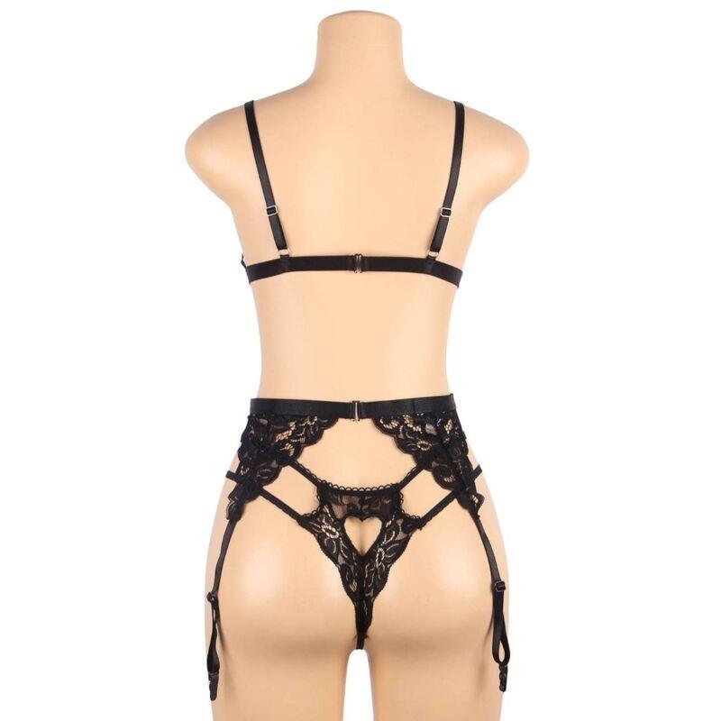 SET THREE PIECES SET BRA + GARTER BELT + THONG S/M