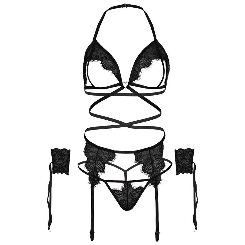 SET OD ČETIRI DIJELA BRAS, G-STRING, POVEZ ZA ČARAPE I OGRLICE JEDNA VELIČINA - CRNA