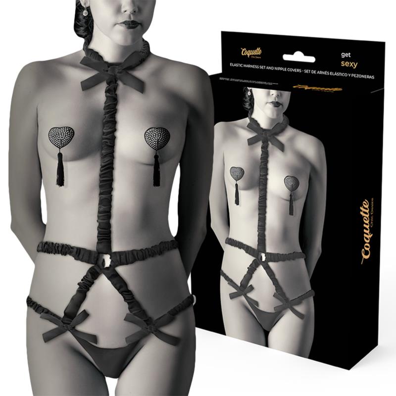ELASTIC HARNESS SET AND NIPPLE COVERS BLACK