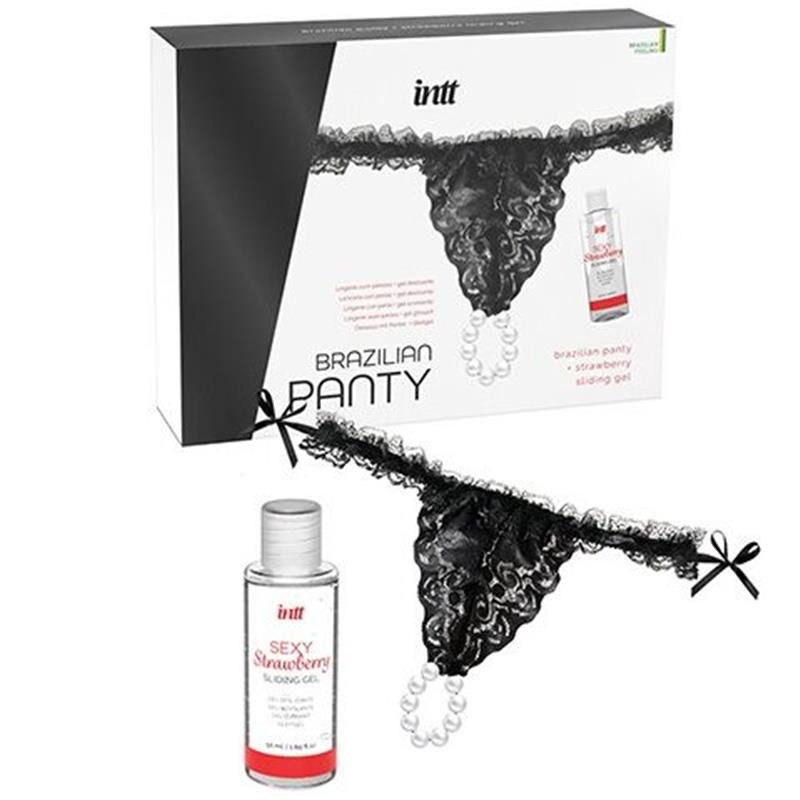 BRAZILIAN BLACK PANTY WITH PEARLS AND LUBRICANT GEL 50 ML