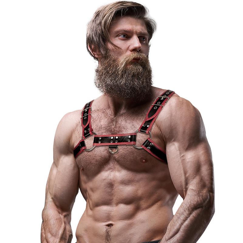 MENS ECO-LEATHER CHEST HARNESS BLACK/RED