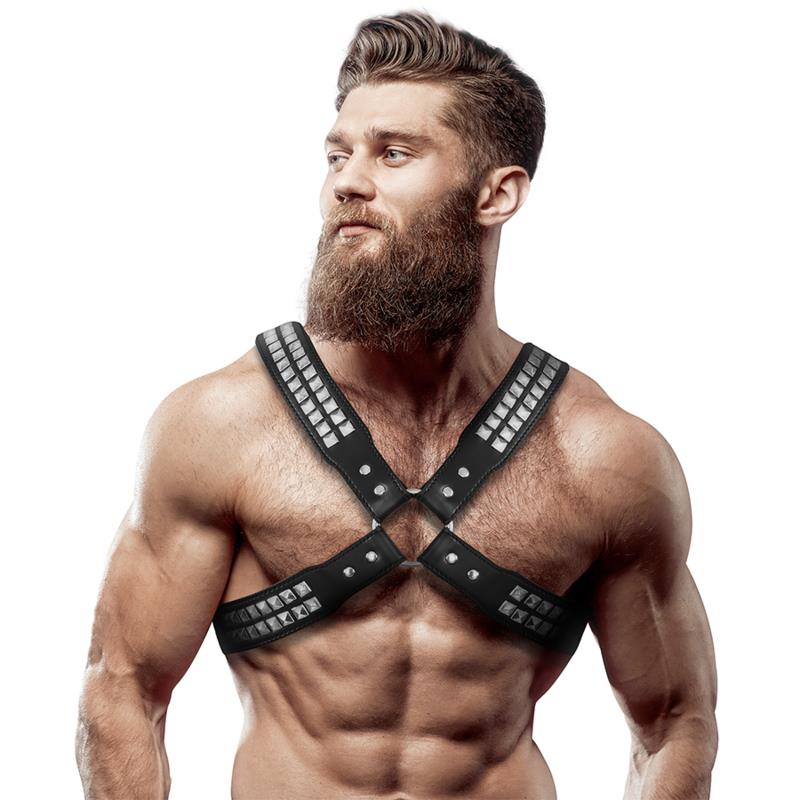 MENS CROSSED CHEST ECO-LEATHER HARNESS WITH RIVETS