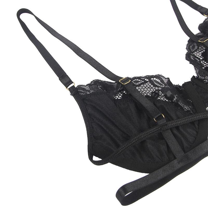 SET OF 3 PIECES BRA + THONG + LACE GARTER BLACK S/M