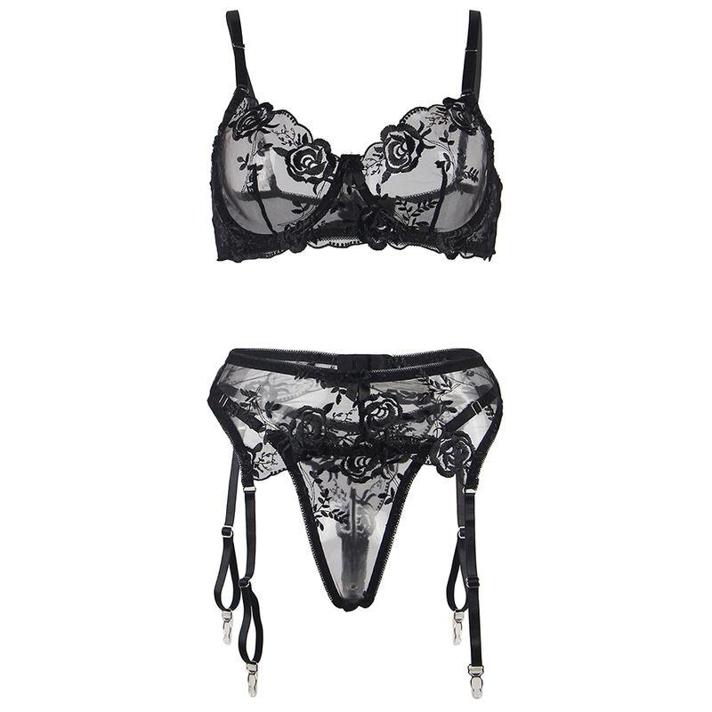SET OF 3 PIECES BRA + THONG + GARTER FLORAL PRINT BLACK S/M