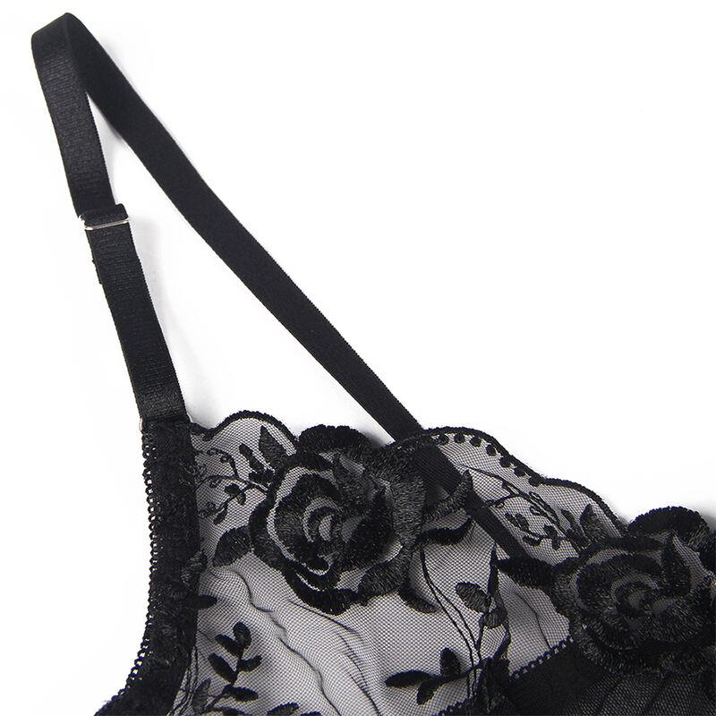 SET OF 3 PIECES BRA + THONG + GARTER FLORAL PRINT BLACK S/M