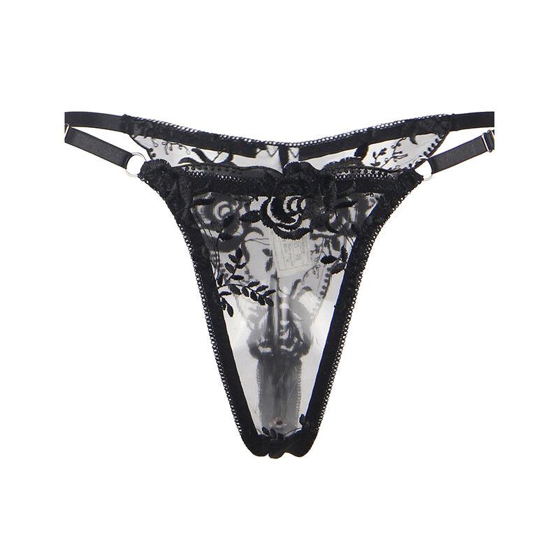 SET OF 3 PIECES BRA + THONG + GARTER FLORAL PRINT BLACK S/M