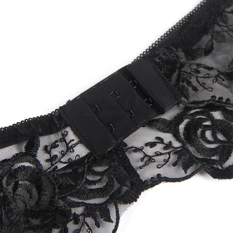 SET OF 3 PIECES BRA + THONG + GARTER FLORAL PRINT BLACK S/M