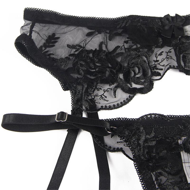 SET OF 3 PIECES BRA + THONG + GARTER FLORAL PRINT BLACK S/M