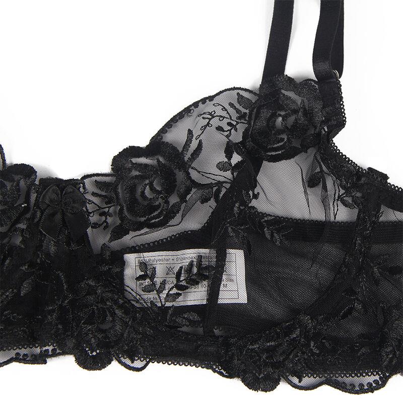 SET OF 3 PIECES BRA + THONG + GARTER FLORAL PRINT BLACK S/M