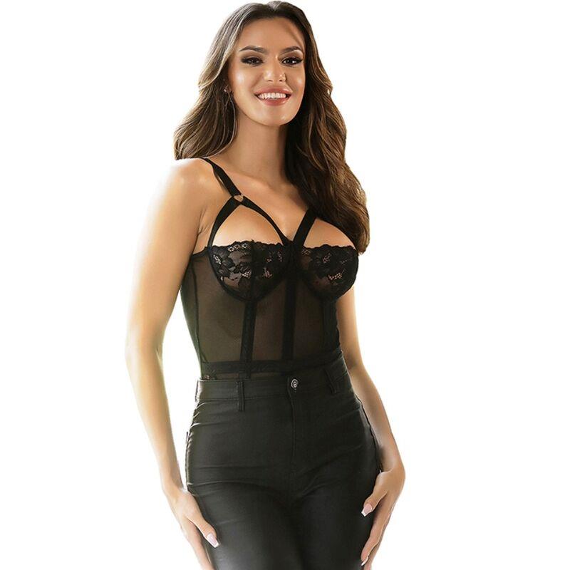TEDDY WITH GARTER STRAP DETAIL CHEST BLACK S/M