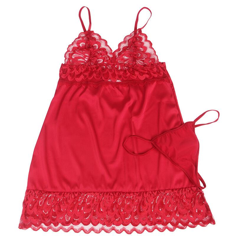 SATIN BABYDOLL WITH LACE RED S/M