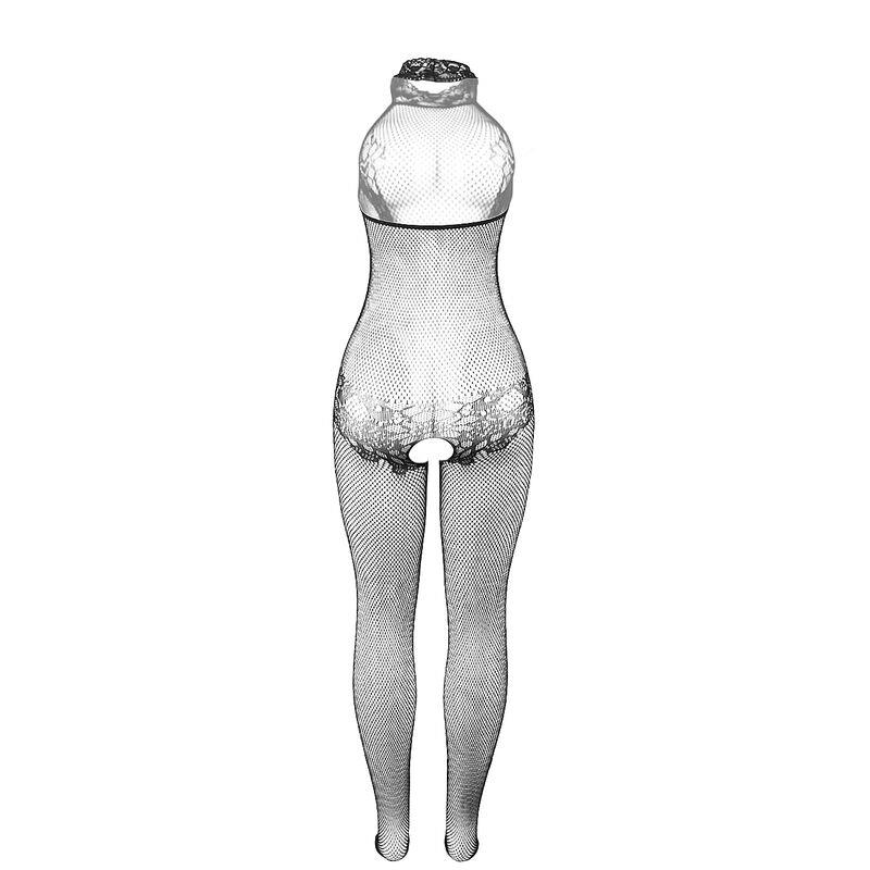 951801 FISHNET AND LACE CROTCHLESS BODYSTOCKING WITH HIGH NECK BLACK ONE SIZE