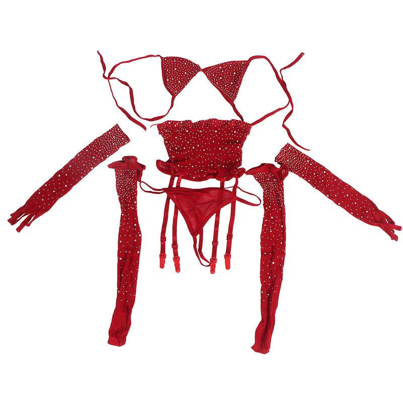 952181 FISHNET BODYSTOCKING WITH GLOVES AND DIAMONDS RED ONE SIZE