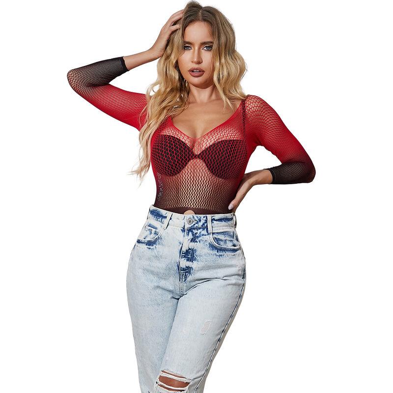 952259 DUGA RUKAVA ELASTIČNA MREŽASTA HALJINA U CRVENOJ I CRNOJ BOJI JEDNA VELIČINA