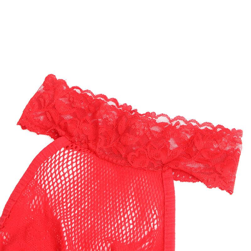 952372 FISHNET AND LACE CROTCHLESS BODYSTOCKING WITH HIGH NECK RED ONE SIZE