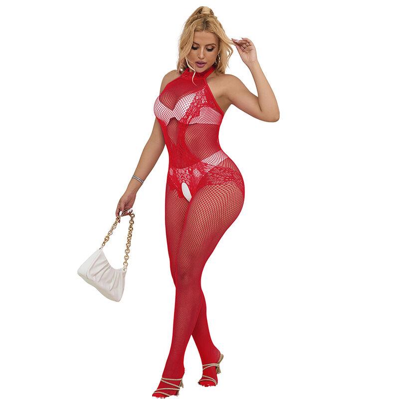 952372 FISHNET AND LACE CROTCHLESS BODYSTOCKING WITH HIGH NECK RED ONE SIZE
