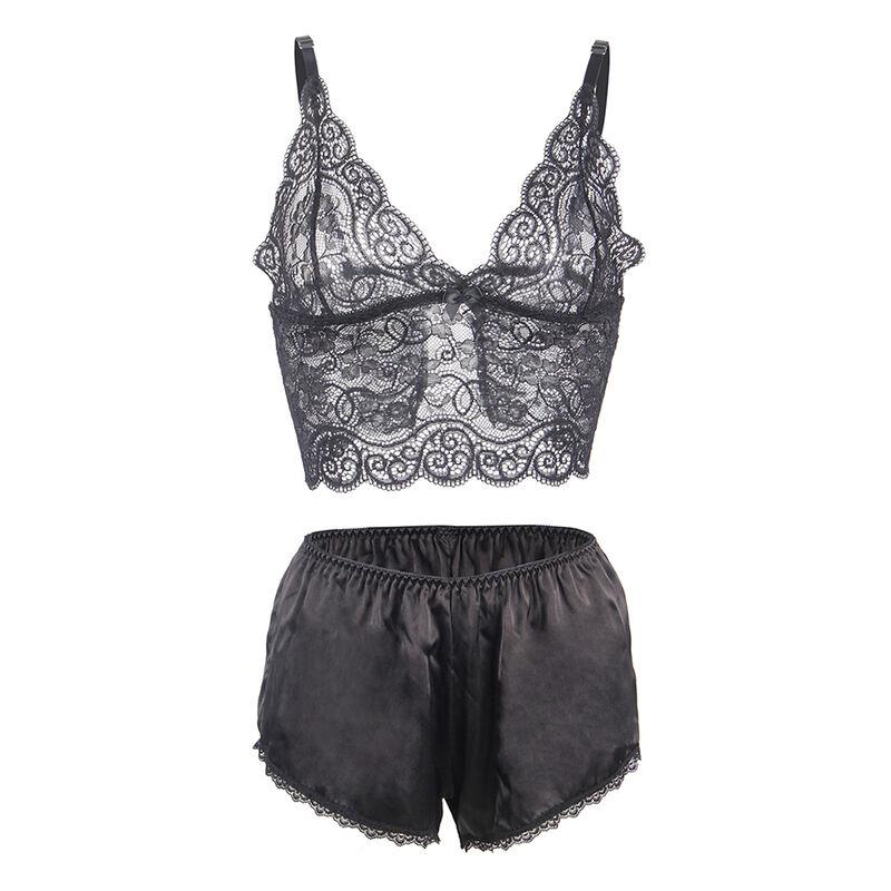953928 SVILA I ČIPKA NOĆNA HALJINA + GAĆICE CRNA L/XL