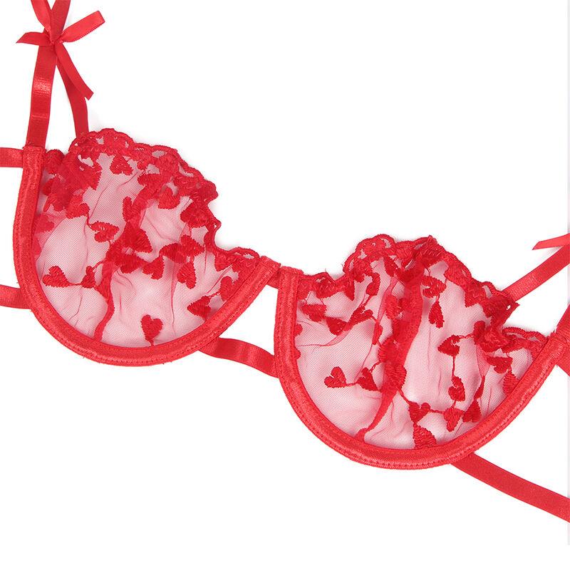 954321 HEART PRINT BRA + THONG + GARTER BELT RED S/M