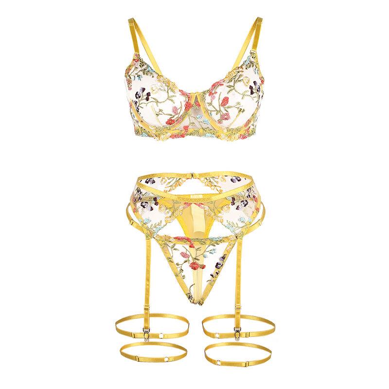 954345 BRA + THONG + GARTER BELT FLORAL DESIGN YELLOW S/M