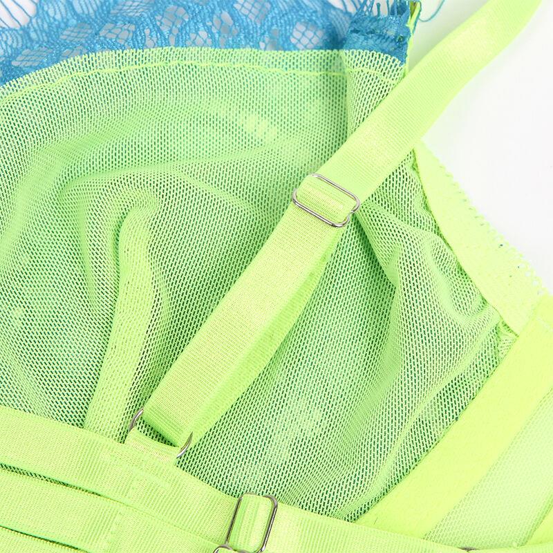 955328 BRA SET WITH LACE AND GARTER LINES GREEN AND BLUE L/XL