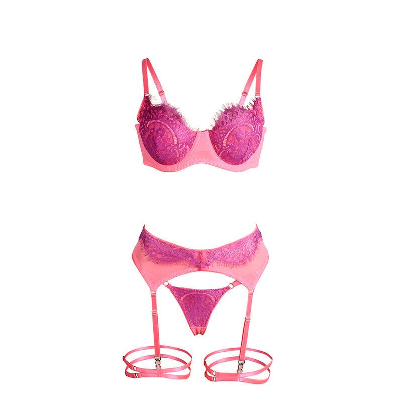 955359 SET OF BRA WITH LACE AND GARTER LINKS PINK AND PURPLE S/M