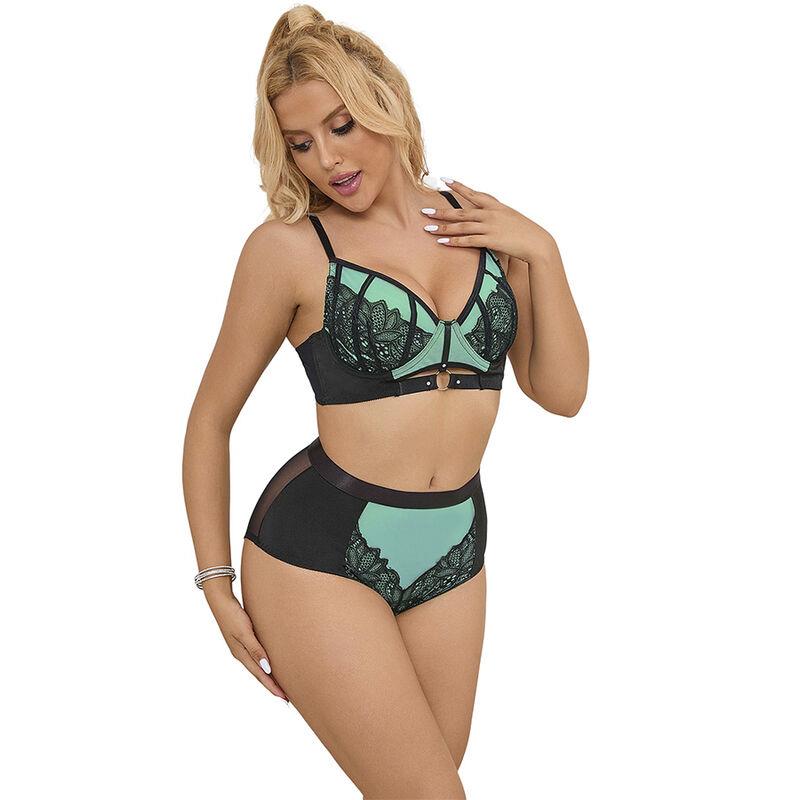 955557 GREEN PATENT LEATHER MESH ZIPPER BRA SET S/M
