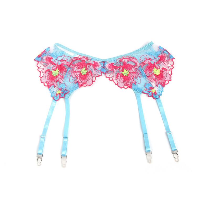 957643 FLOWER EMBROIDERED BRA AND GARTER BELT SET PINK S/M