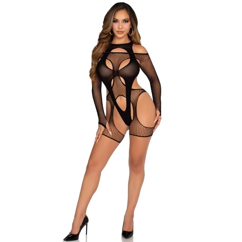 FISHNET BODYSTOCKING WITH GARTER BELT AND HARNESS BLACK