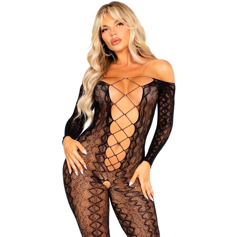 CROTCHLESS BODYSTOCKING IN EXOTIC SNAKE LACE BLACK