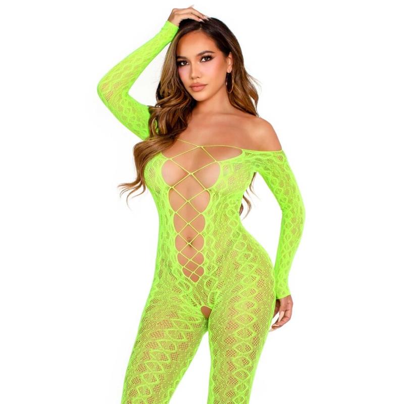 KROTKI BODY STOCKING EGZOTIČNA ZMIJSKA ČIPKA NEON ZELENA