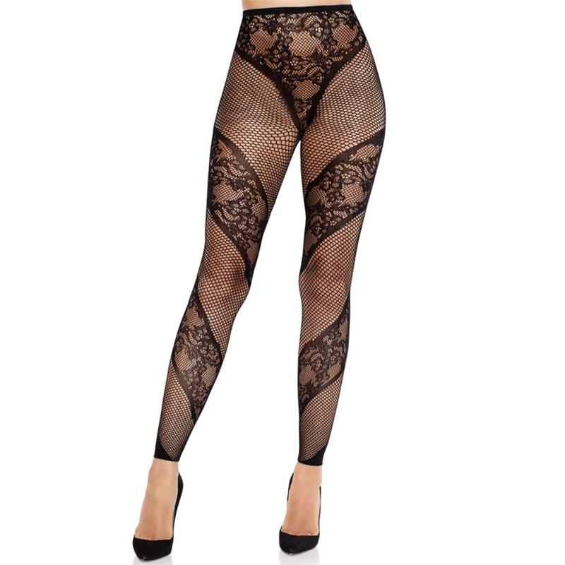LACE AND SHEER FOOTLESS TIGHTS BLACK