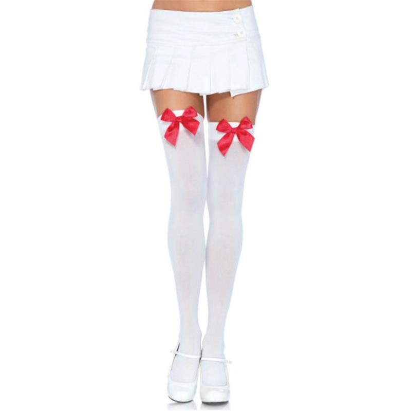 NYLON THIGH HIGHS WITH BOW WHITE / RED